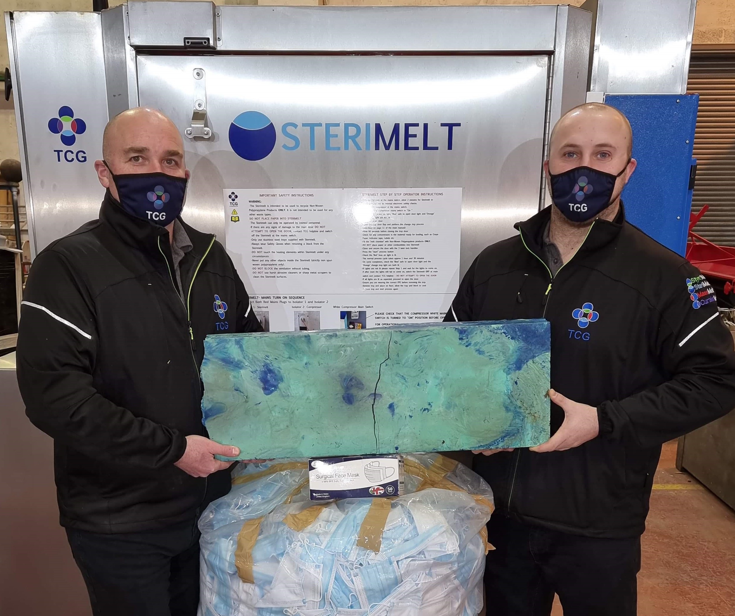 For illustrative purposes only. Bag shown approx 20KGS, Block shown is 20KGS.equal to approx 6,666 Hardshell masks.TCG(L-R) Mathew Rapson Thomas Davison-Serby