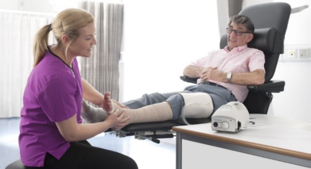 WoundExpress.com image of patient with leg stapping 