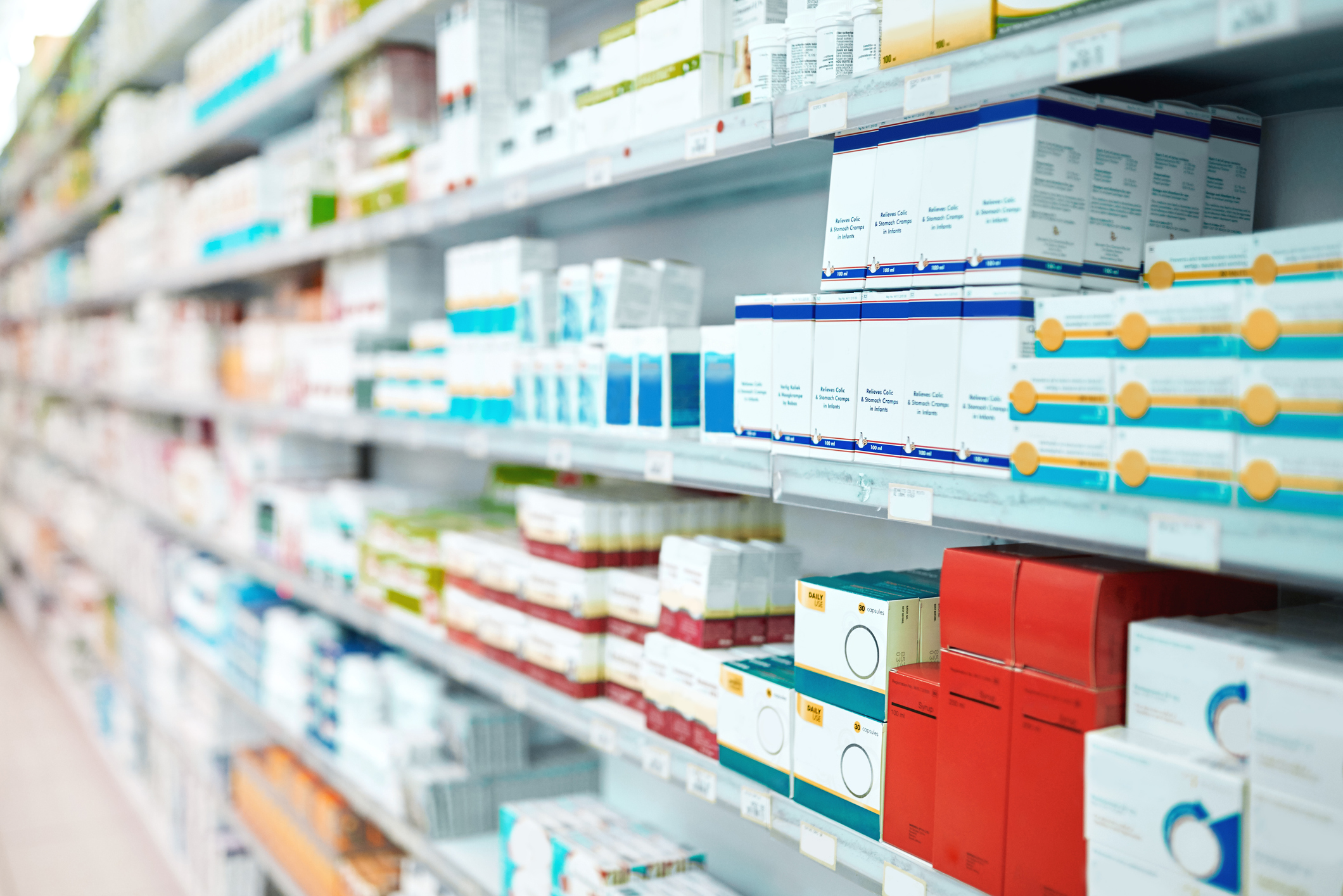 Cropped shot of shelves stocked with various medicinal products in a pharmacy