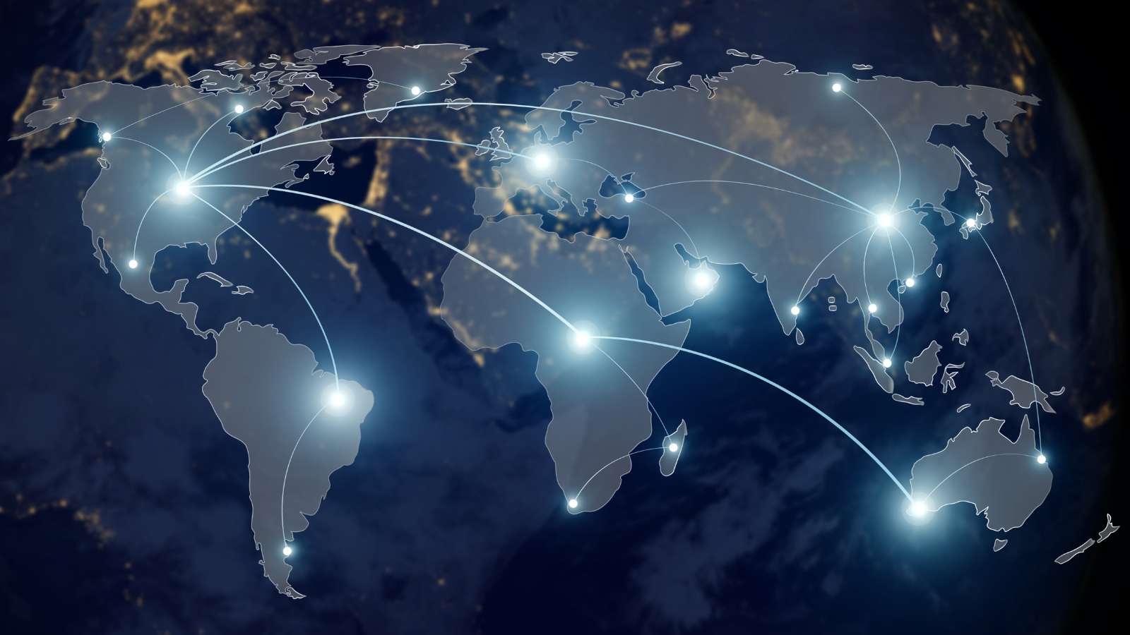 Birds eye view of the world. Countries connected by lines.