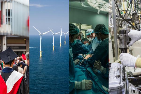 Left to Right - Cardiff University Graduation, North Hoyle Windfarm Prestatyn, Operating Theatre, Toyota Deeside Enterprise Zone