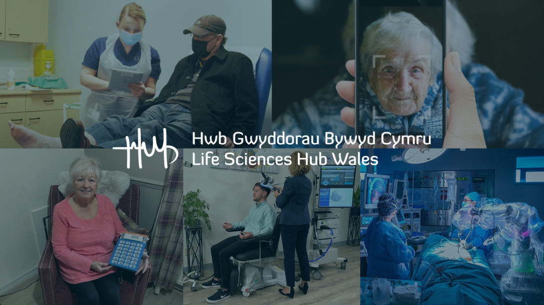 A collage of five different images with the Life Sciences Hub Wales logo in the centre. Each image represents one of the five stories.