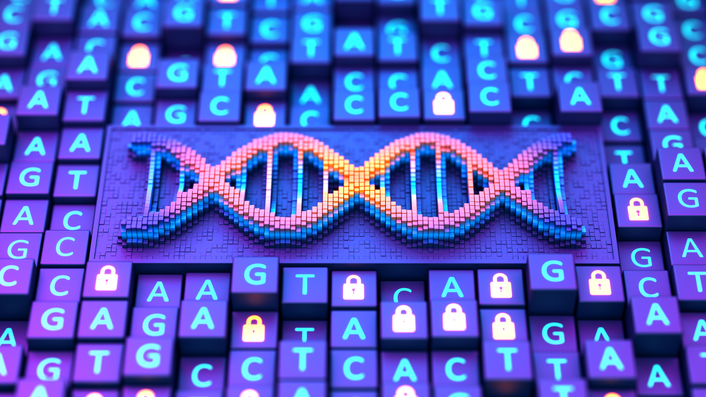 Digital screen with DNA strands and sequencing. 