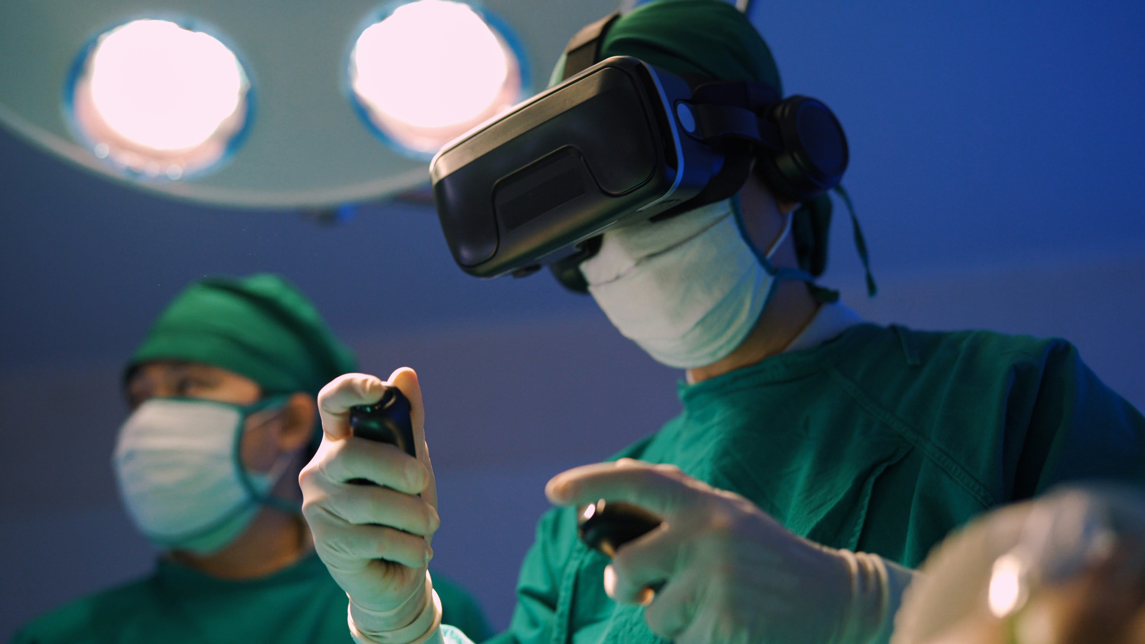 A surgeon wearing a VR headset