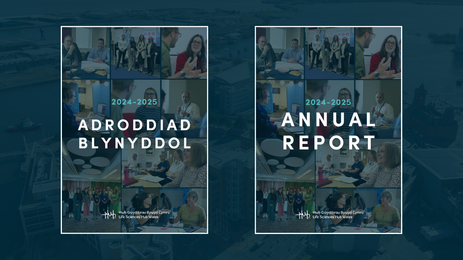 Two annual report front covers side by side on a blue background. One is in Welsh and one is in English.