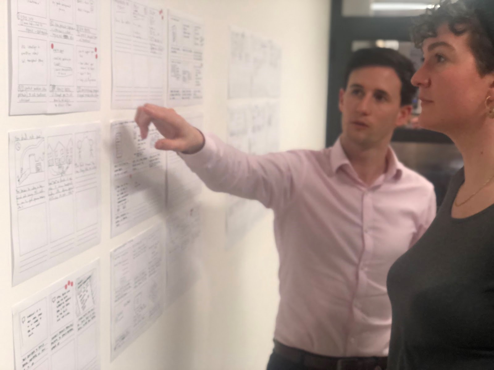 An image of Dr Daf Loughran and Dr Caroline Hagerman working in collaboration to transform the interview insights into themes and directions for Concentric